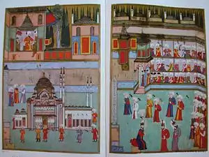 Linke beiden Bilder: Parade der GlasbläserRechte beiden Bilder: Parade der Architekten aus dem Surname-i Hümayun, um 1582–1588
