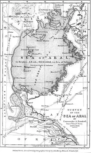 Die Karte des Aralsees von 1853 veröffentlicht für das Journal der Royal Geographical Society in London.