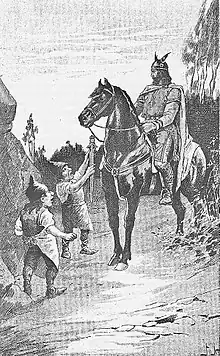 Ein auf einem Pferd sitzender Mann blickt herab auf zwei Zwerge, von denen einer ihm ein Schwert reicht.