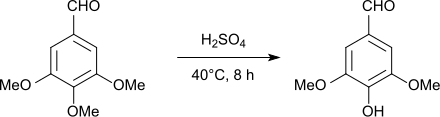 Syringaldehyd entsteht durch saure Demethylierung von 3,4,5-Trimethoxybenzaldehyd