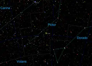 Die Position des Sternsystems TOI 1338 im Sternbild Maler