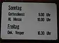 Tafel zu den Gottesdiensten