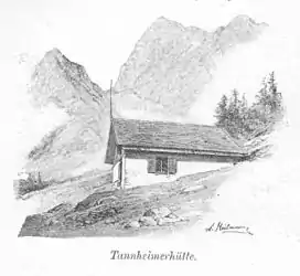 Die ursprüngliche Hütte im Jahr 1893 (von Südosten, dahinter der Gimpel)