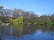 Der Inselteich. Die Insel (rechts) trug damals die beleuchtete Fontäne. (2010)