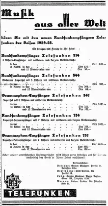 Anzeige in der Bozner Alpenzeitung vom 16. Sept. 1934 mit den Telefunken-Rundfunkempfängern der Saison 1934/35