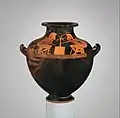 Voll gerüstete Krieger mit Baum; rotfigurige Hydria, um 490 v. Chr., Berliner Maler; Metropolitan Museum of Art, New York
