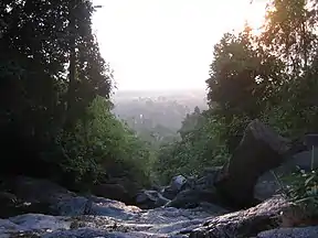 Blick von der Spitze des Krathing-Wasserfalls über den Nationalpark