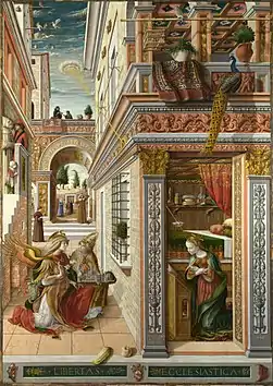 Linkes Bild: Carlo Crivelli Verkündigung mit St. Emidius, 1486, mit einem „Crivelli“-Teppich in der oberen linken Ecke. Ein zweiter Teppich oben mittigRechtes Bild: „Crivelli“-Teppich, Anatolien, spätes 15. Jh.