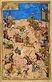 Der Kampf zwischen Iskander (Alexander der Große) und Dara (Dareios III.). Behzāds Signatur ist links oben zwischen den beiden Textfeldern: suvvarahu al-ʿabd Bihzād. Miniatur von 1520.