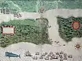Drakes Truppen greifen St. Augustine, Florida am 7. Juli 1586 an (die Karte ist nach Westen ausgerichtet)