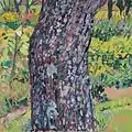 Theodor Gerkens, Birnbaumstamm mit Vegetation 2006/82, Eitempera auf Hartfaserplatte,60 × 60 cm.