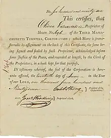 Gründeraktie der Third Massachusetts Turnpike Corporation, ausgestellt am 20. Juni 1797, im Original unterschrieben von Caleb Strong als Präsident