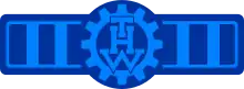 Blauer Banner: In der Mitte das THW-Logo aus Initialen in Zahnrad, links und rechts umrahmt mit jeweils zwei senkrechten Balken (hellblau)