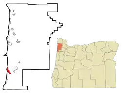 Lage im Tillamook County (linke Karte)Lage des Tillamook County in Oregon (rechte Karte)