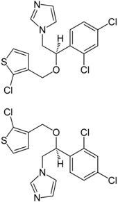 Enantiomere des Tioconazols: (S)-Tioconazol (oben) und (R)-Tioconazol (unten).