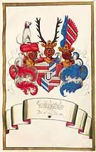 Wappen der Reichsgrafen von Leublfing zu Rhain (Rain); unter Verwendung des Wappens der Herren von Graben zu Sommeregg resp. Freiherrn Von Rain zu Sommeregg (1690)