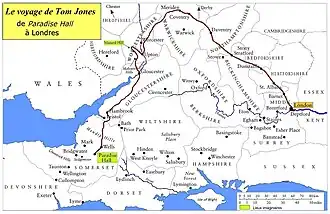 Carte du sud-est de l'Angleterre avec itinéraire de Tom visualisé