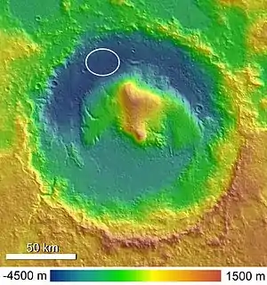 Weiß umrandet das Landegebiet von Curiosity in Aeolis Palus, der Kraterebene des Gale-Kraters (HRSC-Daten)