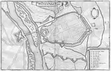 Festung Torgau mit Brücke über die Elbe und Brückenkopf-Fort, Merian-Ansicht, um 1650