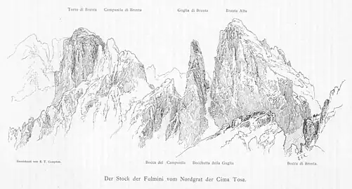 Die Guglia di Brenta im Sfulmini-Stock nach einer Zeichnung von Edward Norton Compton