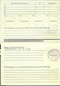 Truppenausweis Rückseite ungefaltetAusführung für Reservisten bis 2000Erlaubnis zum Führen von Waffen gestrichen