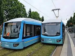 Variobahnen der CVAG an der Haltestelle Bernsbachplatz