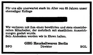 Traueranzeige eines DDR-Betriebes von 1987