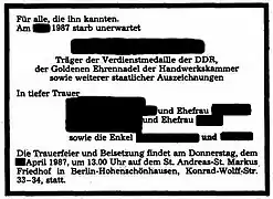 Traueranzeige aus der DDR von 1987