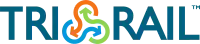 Bildmarke aus den Großbuchstaben TRI und RAIL in serifenloser Schrift in einem dunklen kobaltblauen Farbton, rechts oben ein kleines Trademark-Zeichen ™. Zwischen den Wörtern ein abstraktes Symbol aus drei ineinander verschlungenen, jeweils wie Fragezeichen geformten Linien in Orange, Hellgrün und Hellblau, an deren langen Enden jeweils eine Pfeilspitze eine Bewegungsrichtung symbolisiert.