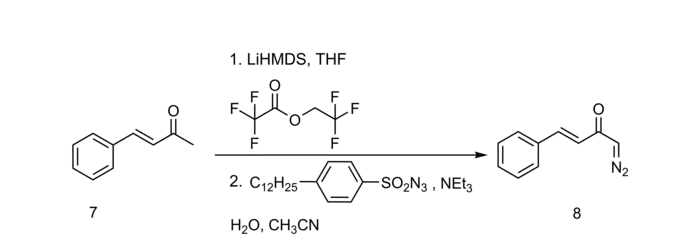 Schema Trifluoroacetylierung mit anschließendem Diazotransfer auf eine α-Ketoverbindung