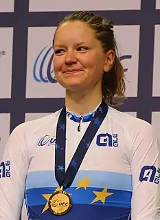 Trine Schmidt als Europameisterinim Punktefahren (2017)