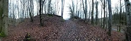 300° Panorama: Links Halsgraben (Nordseite), Mitte: Nordwall und heutiger Zugang; Rechts Weg ins Krebsbachtal