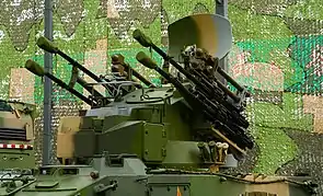 Vier QW-2-Raketen (braun) auf dem Turm eines PGZ95