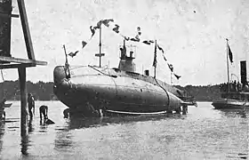 Die USS Octopus (SS-9) beim Stapellauf in Quincy, Massachusetts, am  4. Oktober 1906.
