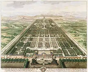Farbige Zeichnung in der Obersicht einer geometrischen Parkanlage mit Schloss und Kutschen im Vordergrund. Die Beete und Bäume sind gut zu erkennen. Im Hintergrund und an beiden Seiten des Parks sind Wiesen, Felder, Wälder und Hügeln zu sehen.