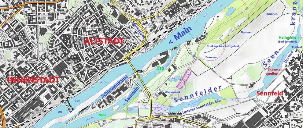Gewässerkomplex (Alt)Main bei Schweinfurt.Lage Sennfelds östlich der Schweinfurter Innenstadt,mit Unterem Sennfelder See und Dorfsee