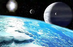 Künstlerische Darstellung von Majriti mit hypothetischen Begleitern, gesehen von oberhalb eines hypothetischen erdähnlichen Exomondes