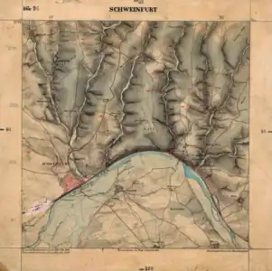 Karte aus dem frühen 19. Jahrhundert.Relief des südwestlichen Teils der Schweinfurter Rhön mit dem Schweinfurter Mainbogen und dem südlich davon gelegenen Schweinfurter Becken1