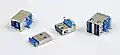 USB-3.0-Buchsen und -Stecker zum Auflötenv. l. n. r.: Typ-B-Buchse, Typ-A-Stecker, Typ-A-Buchse, Stack mit zwei Typ-A-Buchsen