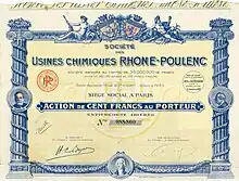 Aktie der Société des Usines Chimiques Rhône-Poulenc über 100 Francs, ausgestellt am 5. September 1928 in Paris, mit Unterschrift von Hippolyte-Eugène Boyer als Vorsitzender des Aufsichtsrats, der bereits seit 1900 Präsident der Société Chimique des Usines du Rhône war