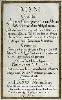 Epitaphinschrift Christoph Adam Vöhlin von Frickenhausen, aus dem Thesaurus Palatinus