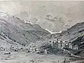 Vals GR in einem historischen Bild von 1903 mit dem alten Kurbad