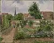 Jardin potager et clocher d’Éragny, temps gris, matin
