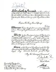 Verleihungsurkunde zum Honorary Knight Commander des britischen Royal Victorian Order