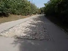 Von Büschen umstandener Hohlweg mit moderner Asphaltdecke. In der Mitte der Straße ein langer rechteckiger Bereich mit sehr alt wirkendem hellen Kopfsteinpflaster.