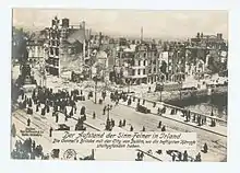 „Der Aufstand der Sinn-Feiner in Irland. Die Connel’s Brücke mit der City von Dublin, wo die heftigsten Kämpfe stattgefunden haben“; 1439