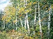 Meine Birken im Sommer, 2001Öl auf Malkarton 65 × 87 cm