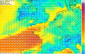 Windfeld von Orkan Joachim nach dem GFS-Modell der NOAA für den 15. Dezember, 21:00 Uhr UTC