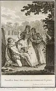 Kupferstich von Jean Louis Delignon und Jean-Michel Moreau zu La Princesse de Navarre von Voltaire