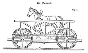 Zeitgenössische Darstellung der von einem Arbeitspferd angetriebenen The Cycloped.